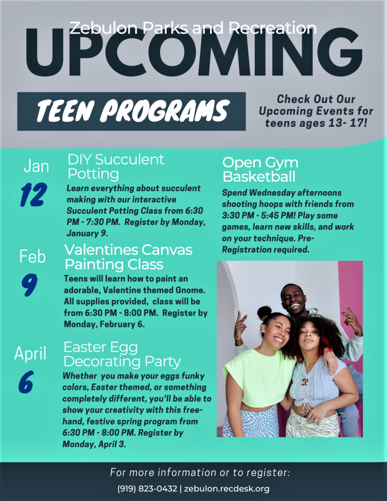 Upcoming Teen Program Flyer in Zebulon live text above