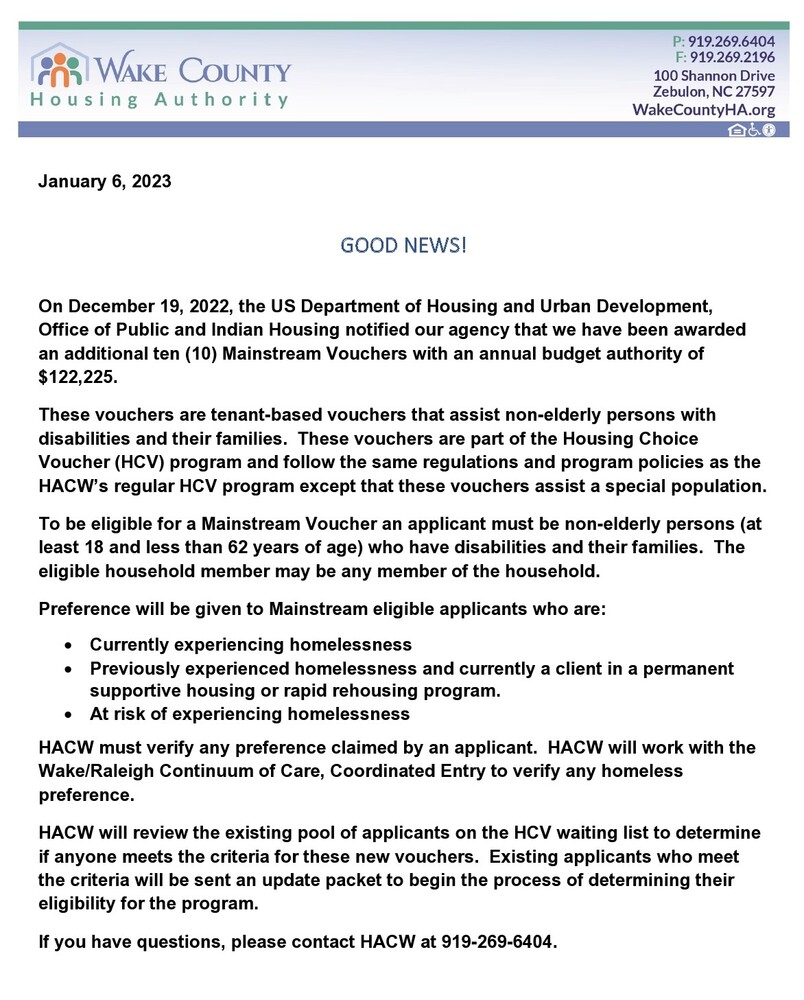 HCV New Mainstream Voucher Notice live text below 
