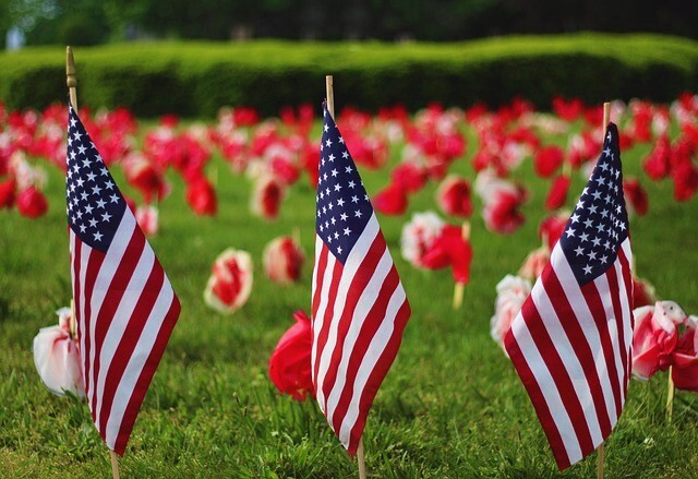 American Flags on grass lawn