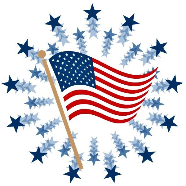 An American Flag with stars around it