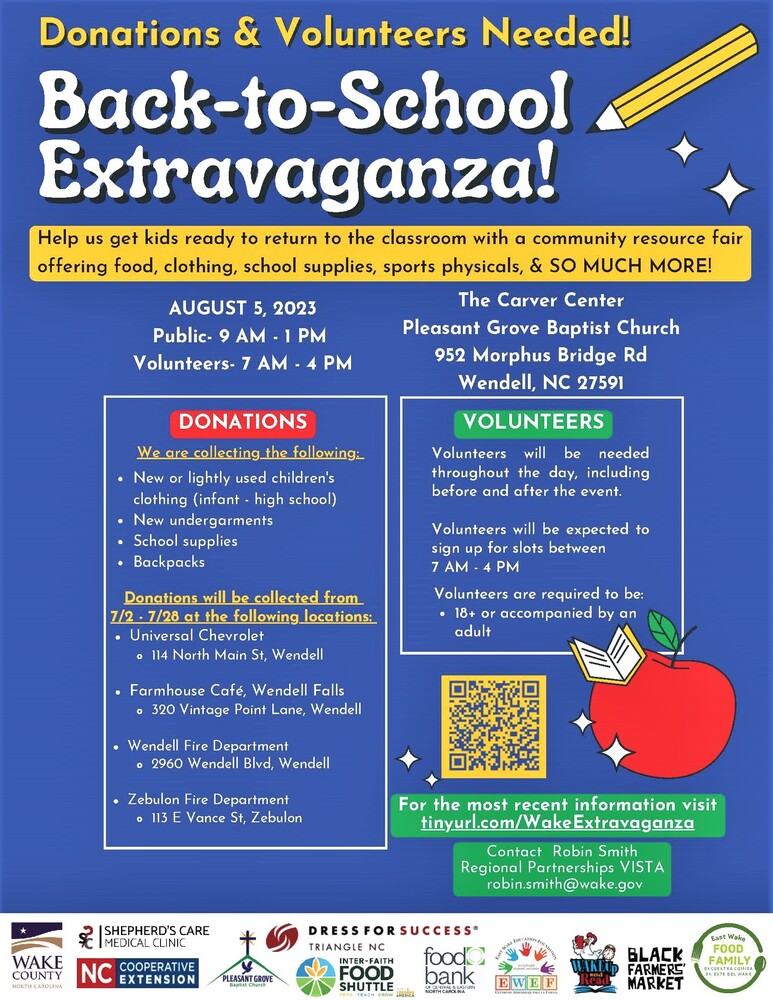 Information about a back to school event with an apple, a book and a pencil