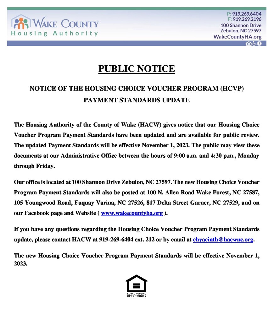 Information regarding payment standards for Public Housing