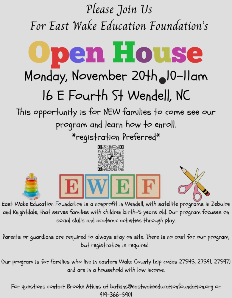 An open house invitation with a pencil, a pair of scissors and a baby toy