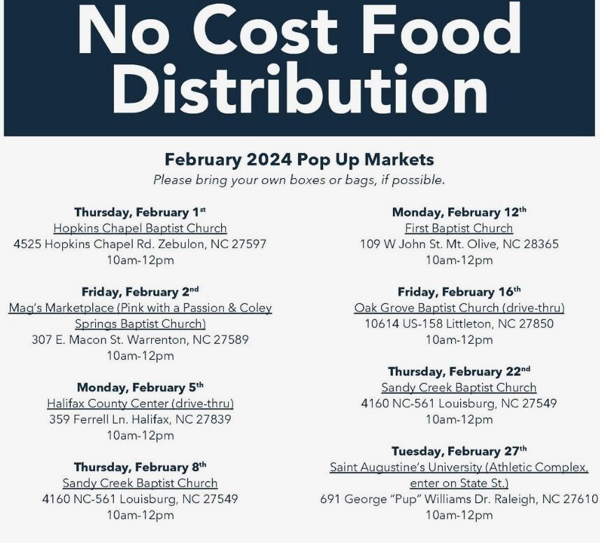 Dates and locations of free food distribution