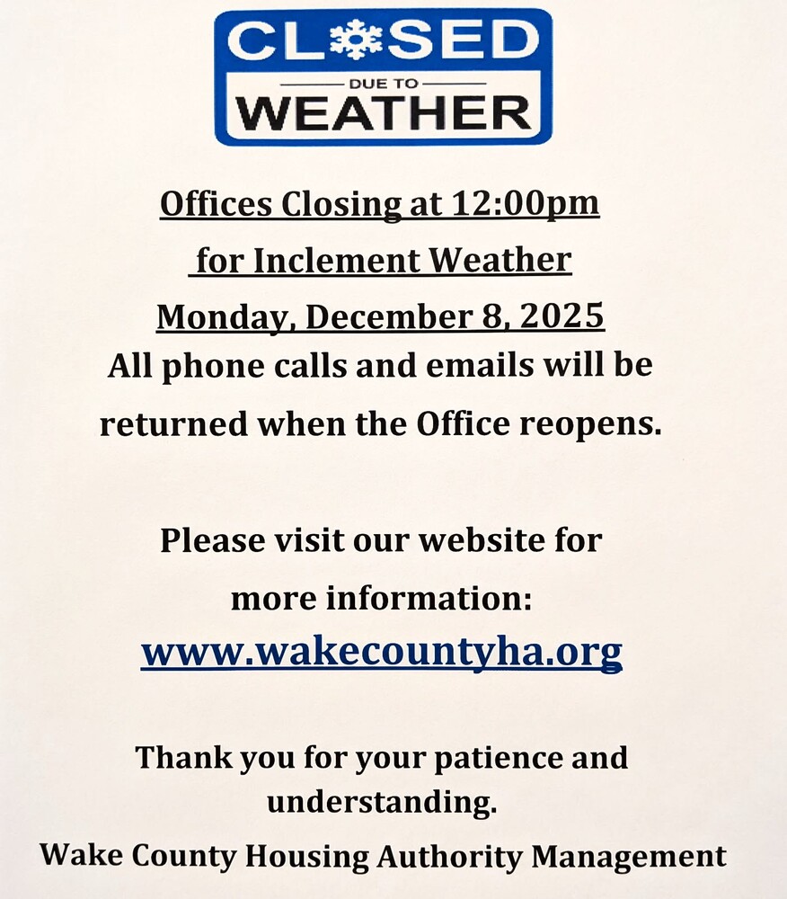 An inclement weather flyer letting the Public know that the Office will be closing at noon on December 8, 2025