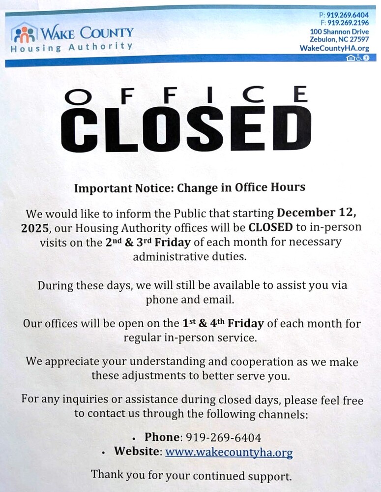 A flyer indicating the office closure on the 2nd and 3rd Friday of each month. Letting the public know that the offices will be open to the public the 1st and 4th friday of each month.