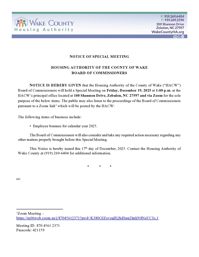 A notice to the Public letting them know of a special Board meeting with the date, time and location.