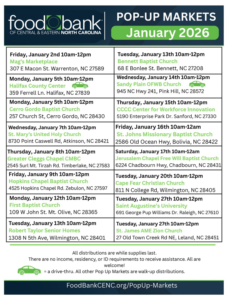 A flyer with January dates providing pop up food markets in wake county