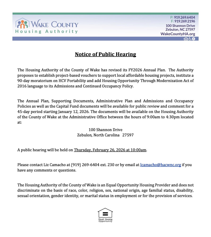 Notice for a Public Hearing letting the Public know of a meeting that will be held on Thursday, January 26, 2026 at 10AM