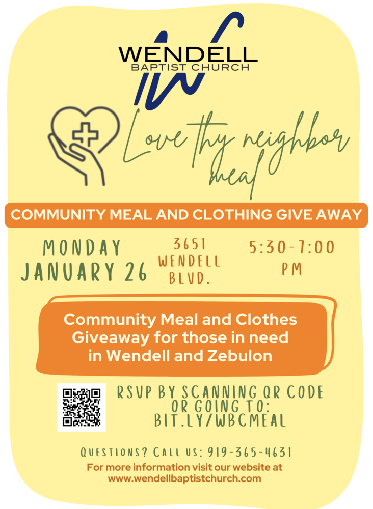 A flyer with a hand holding a heart with a cross inside the heart letting the public know of a clothing and food distribution that will be held on January 26, 2026 from 5:30pm to 7:30pm