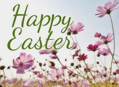 Pink and purple flowers with the words of Happy Easter in green