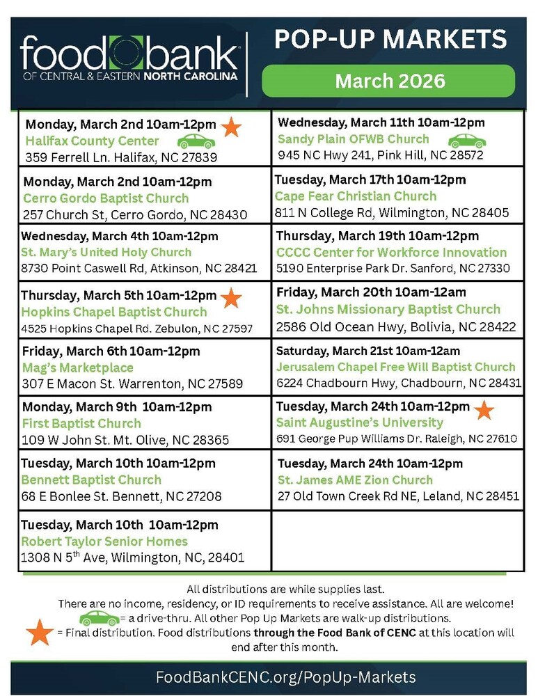 Pop-up food distributions locations for the month of March