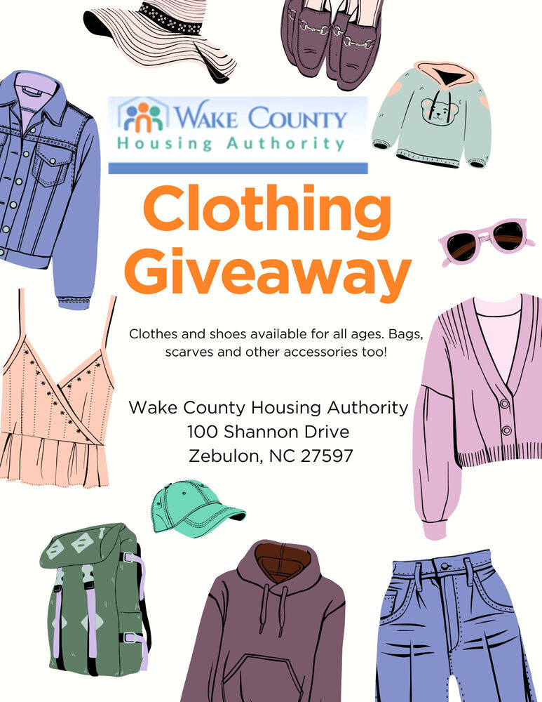 A flyer announcing a clothing giveaway with shoes, sweaters, hats and additional clothing