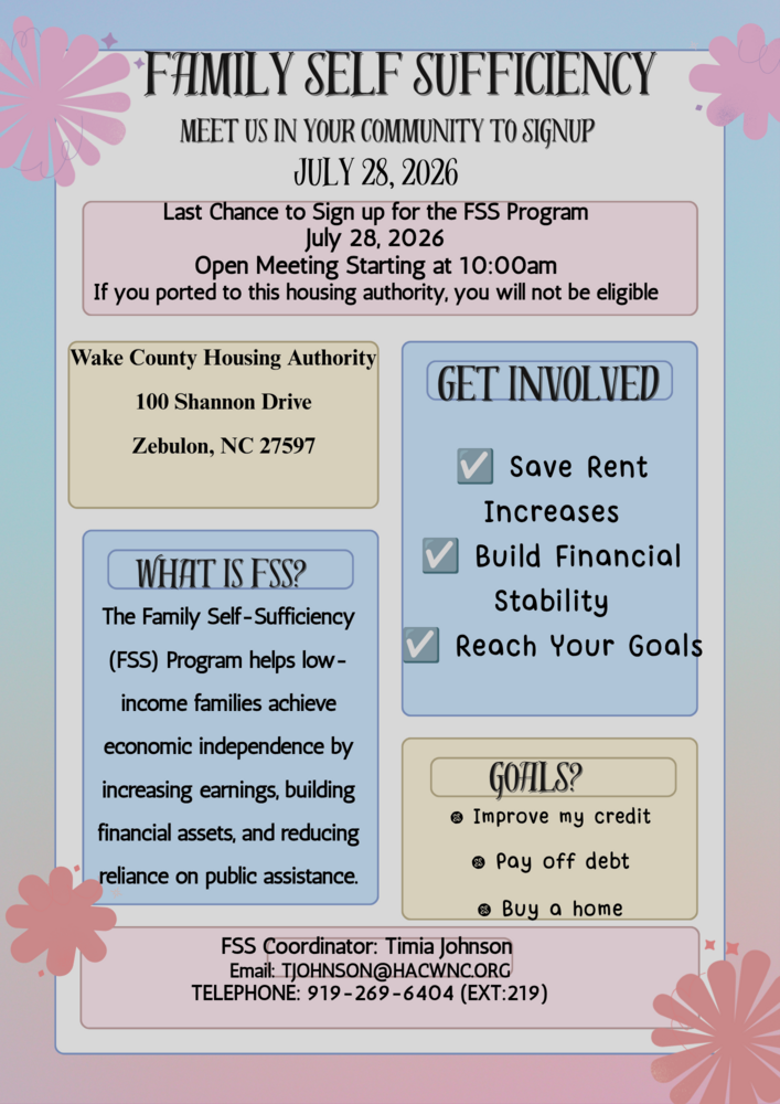Flyer introducing the Family Self Sufficiency program with important meeting dates