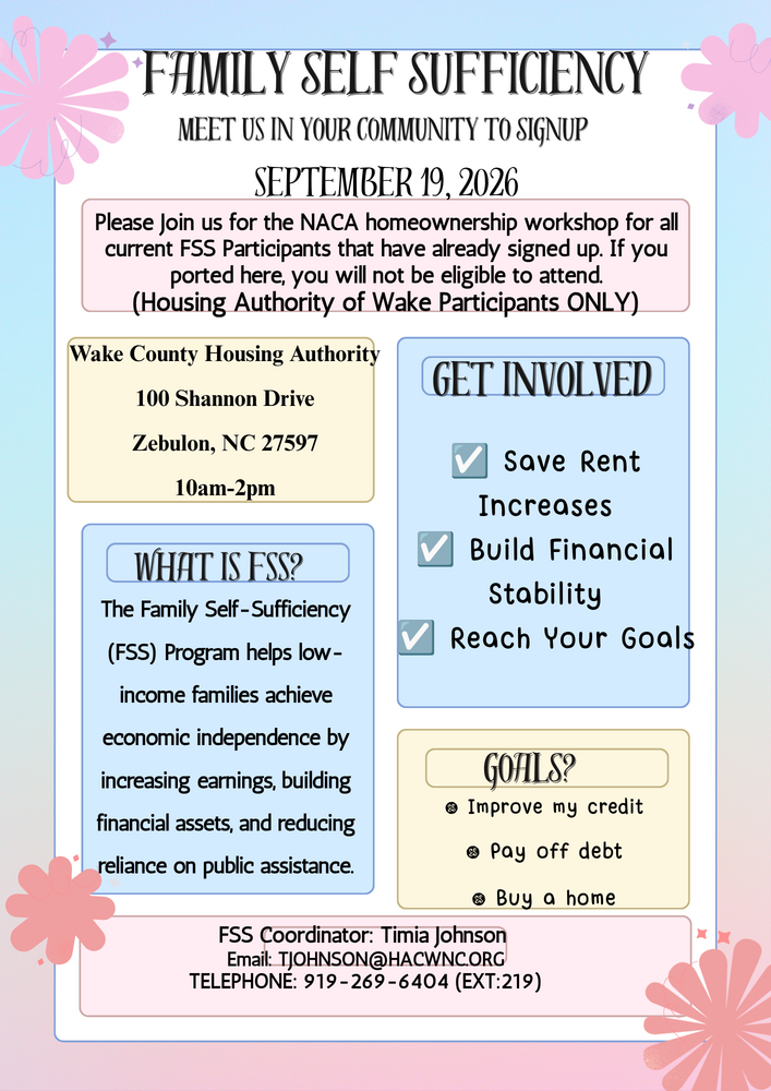 A flyer lettingj wake county housing authority participants of a community event that will be held september 19, 2026 from 10am to 2pm.