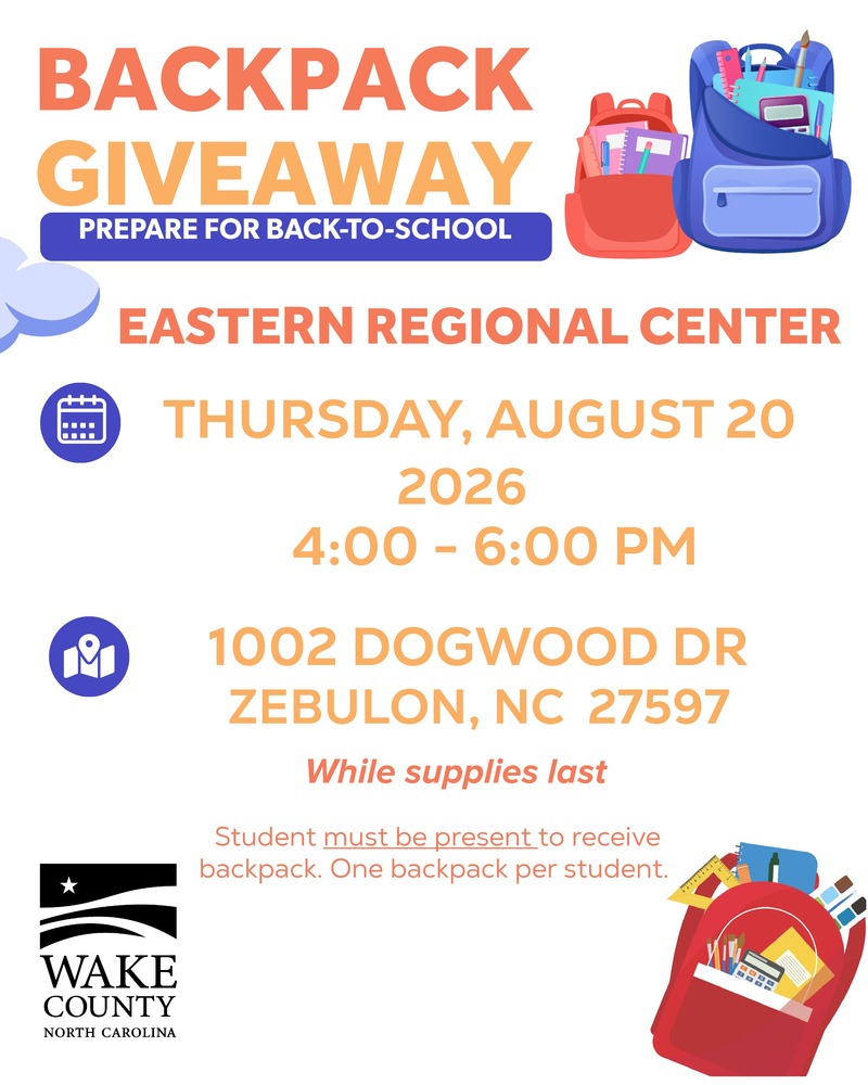 A flyer with pictures of backpacks with school supplies inside and the location of the giveaway, the time and the address of the center