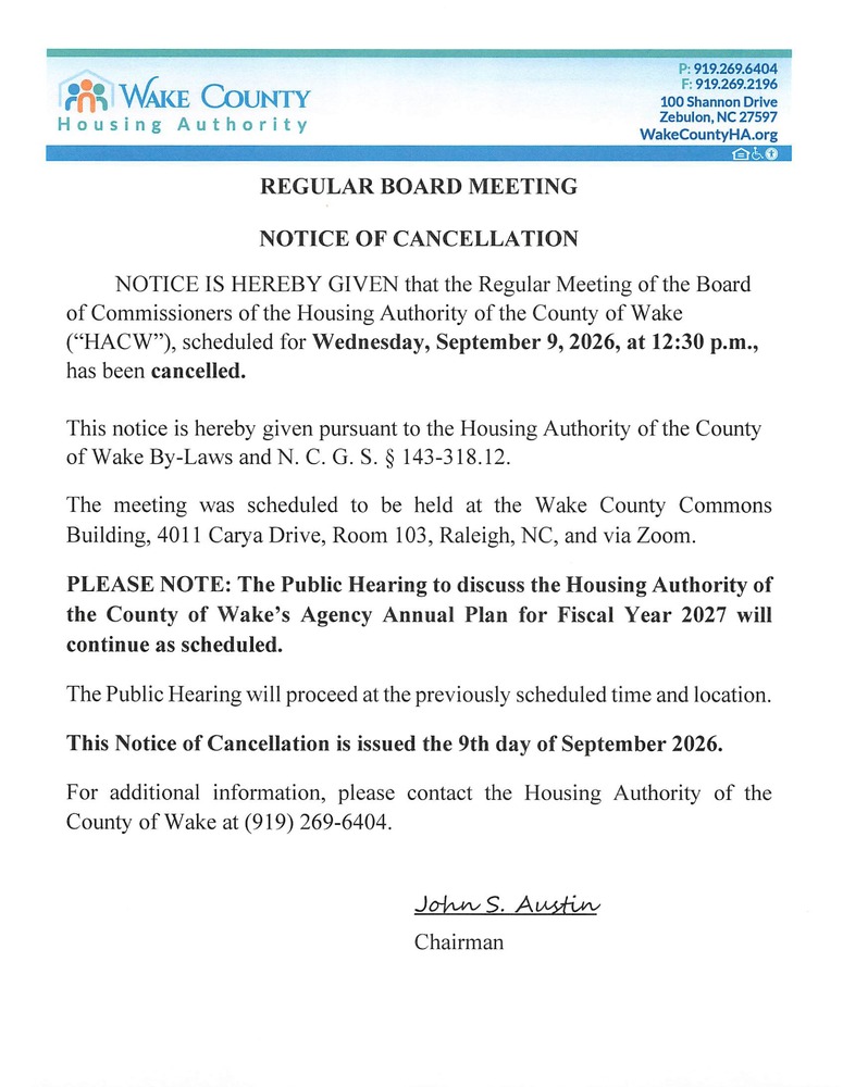 A notice letting the public know that the Board meeting has been cancelled but the Public Hearing meeting will continue as scheduled