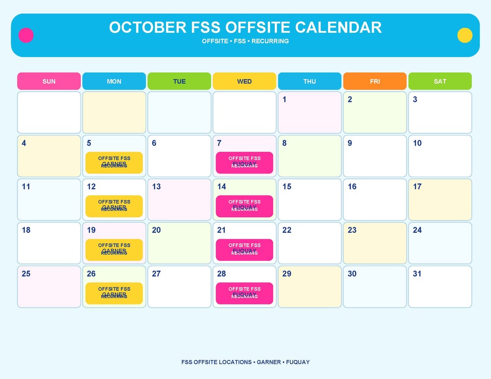 The calendar for the month of October 2026 announcing the days the Family Self-Sufficiency Coordinator will be at our satellite offices