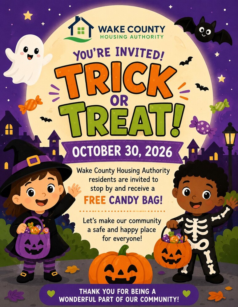 A flyer with 2 children in halloween costumes advertising a free candy bag giveaway at the housing authority of the county of wake on october 30, 2026, while supplies last